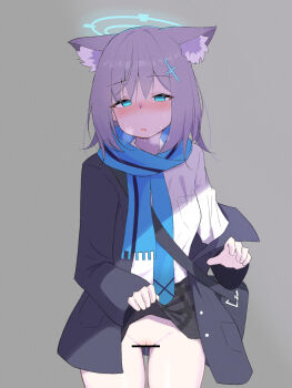 1girl animal_ear_fluff animal_ears blue_archive blue_eyes blue_halo blue_scarf blush censored clothes_lift collared_shirt commentary_request earrings grey_hair groin hair_ornament hairclip halo highres jewelry lifting_own_clothes long_sleeves medium_hair no_panties pcaccount13 pleated_skirt pussy pussy_juice scarf school_uniform shiroko_(blue_archive) shirt shirt_lift skirt solo standing white_shirt
