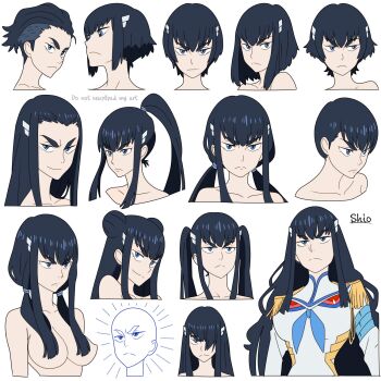 1girl alternate_hair_length alternate_hairstyle artist_name bald black_hair blue_eyes double_bun expressionless hair_bun hair_ornament hairclip half_updo high_ponytail highres kill_la_kill kiryuuin_satsuki long_hair low_twintails medium_hair pixie_cut ponytail reference_sheet shio_(zsp1jqohfr12495) short_hair simple_background twintails undercut white_background