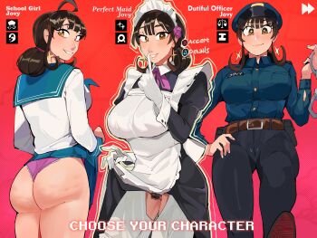 Rule 34 | 1girl, absurdres, alternate costume, apron, ass, ass focus, brown hair, clothes lift, cuffs, diforland, handcuffs, hat, highres, huge ass, looking at viewer, looking back, maid, maid apron, original, panties, pink panties, police, police uniform, policewoman, pubic hair, pubic hair peek, sailor collar, school uniform, serafuku, skirt, skirt lift, smile, smirk, thighs, underwear, yellow eyes