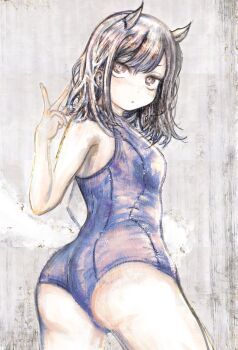 1girl aoki_ruri ass bare_shoulders black_hair blue_one-piece_swimsuit blush breasts brown_eyes commentary_request cowboy_shot dragon_girl dragon_horns expressionless from_behind grey_background highres horns lisdead looking_at_viewer looking_back medium_breasts one-piece_swimsuit ruridragon school_swimsuit solo swimsuit v