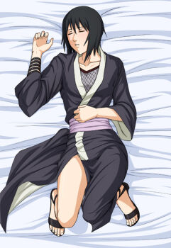 Rule 34 | 1girl, black hair, closed eyes, feet, female focus, fishnets, from above, full body, japanese clothes, lying, naruto (classic), naruto (series), on back, shizune (naruto), short hair, sleeping, solo, tk (tk's level4), toes