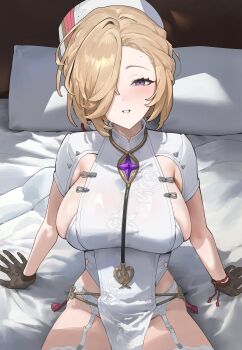 Rule 34 | 1girl, absurdres, bed, black gloves, blonde hair, blush, breasts, coronis (stella sora), garter straps, gloves, hair over one eye, hat, highres, hood (james x), large breasts, looking at viewer, mole, mole on forehead, nurse cap, on bed, pelvic curtain, pillow, purple eyes, sitting, smile, solo, stella sora, thighs, white garter straps, white hat