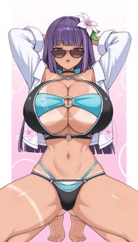 1girl arms_behind_head barefoot bikini breasts commentary evil_rat flower hair_flower hair_ornament highres large_breasts layered_bikini long_hair multicolored_hair navel o-ring open_clothes open_shirt original pink_hair purple_eyes purple_hair shirt solo squatting stomach streaked_hair sunglasses swimsuit tan tanline untranslatable_commentary white_flower white_shirt