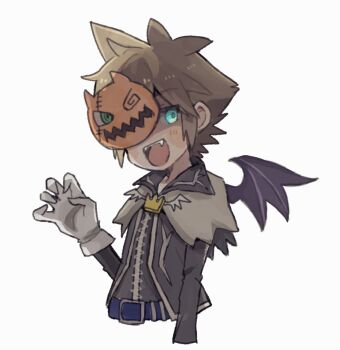 1boy arm_up bat_wings belt belt_buckle black_jacket blue_belt blue_eyes brown_hair buckle claw_pose collared_jacket commentary fangs gloves halloween highres jacket kingdom_hearts kingdom_hearts_i kpp_kh long_sleeves looking_to_the_side male_focus mask one_eye_covered parted_bangs short_hair sideways_glance simple_background single_wing solo sora_(halloween_town)_(kingdom_hearts) sora_(kingdom_hearts) star_(symbol) teeth tongue upper_teeth_only white_background white_gloves wings