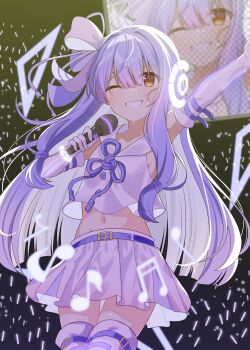 1girl absurdres adapted_costume alternate_costume arms_up beamed_sixteenth_notes belt blue_hair blunt_bangs blunt_ends chaakusu commentary_request cowboy_shot crop_top crop_top_overhang eighth_note eighth_rest elbow_gloves gloves glowstick grin hair_between_eyes hair_intakes hair_ribbon highres holding holding_microphone idol kotonoha_aoi long_hair low-tied_sidelocks magic_circle microphone midriff miniskirt musical_note navel one_eye_closed orange_eyes penlight_(glowstick) quarter_note ribbon shirt sidelocks skirt smile solo thighhighs voiceroid white_gloves white_shirt white_skirt white_thighhighs