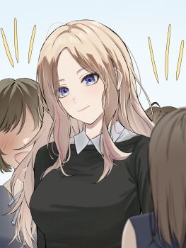 4girls absurdres ahoge black_sweater blonde_hair blue_eyes blush breasts commentary_request daiko_(dai1974910) faceless faceless_female gakuen_idolmaster highres idolmaster juo_sena light_smile long_hair looking_at_viewer medium_breasts multicolored_hair multiple_girls pink_hair shirt smile solo_focus streaked_hair sweater two-tone_hair upper_body white_shirt