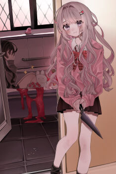 2girls absurdres bathroom bathtub black_skirt blood blush bow bowtie brown_hair cake cardigan checkered_bow checkered_bowtie checkered_clothes collared_shirt commentary_request covering_own_eyes door feet_out_of_frame food frown grab_bar hanataro_(sruvhqkehy1zied) highres holding holding_knife knees_up knife long_hair looking_to_the_side multiple_girls original pink_cardigan pink_eyes pleated_skirt pool_of_blood rabbit red_bow red_bowtie rubber_duck shirt skirt tile_floor tiles wavy_hair white_shirt