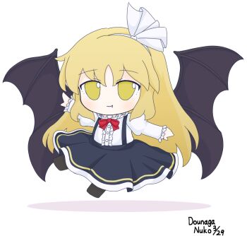 Rule 34 | 1girl, arms up, bat wings, blonde hair, bow, bowtie, buttons, check commentary, collar, commentary request, dated, dounaga nuko, fang, floating, frilled collar, frilled shirt, frilled sleeves, frills, full body, fumo (doll), hair between eyes, hair bow, hair ribbon, hairband, kurumi (touhou), long hair, red bow, red bowtie, ribbon, shirt, signature, simple background, skirt, smile, solo, suspender skirt, suspenders, touhou, touhou (pc-98), vampire, white background, white shirt, wings, yellow eyes