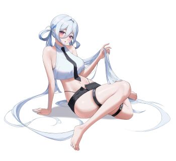 1girl :o absurdres bare_arms bare_shoulders barefoot black_necktie black_panties black_shorts blue_hair blue_streaks double-parted_bangs fingernails gani1127 grey_nails hair_between_eyes hand_up highleg highleg_panties highres holding holding_own_hair legs long_hair looking_at_viewer micro_shorts multicolored_hair nail_polish navel necktie open_mouth original panties purple_eyes shorts simple_background sitting sleeveless solo stomach thigh_strap thighs toenails toes two-tone_hair underwear white_background white_hair