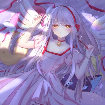 Rule 34 | 1girl, blush, cardcaptor sakura, choker, choppy bangs, closed mouth, commentary, cosplay, cowboy shot, dear arisu, dress, english commentary, feathered wings, flat chest, grey hair, hands up, highres, kinomoto sakura, kinomoto sakura (cosplay), kinomoto sakura (princess costume), long hair, looking at viewer, lying, on back, original, pink dress, puffy short sleeves, puffy sleeves, red choker, short sleeves, solo, star (symbol), star choker, wings, yellow eyes