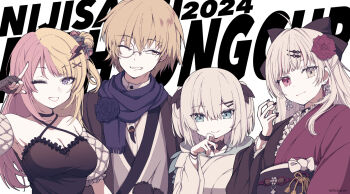 1boy 3girls ahoge apricot_blossom aqua_sash ars_almal ars_almal_(2nd_costume) blonde_hair blue_eyes blue_scarf bobby_pin breasts choker cleavage criss-cross_halter ear_piercing everyone eyeshadow flower frilled_kimono frills furisode gradient_clothes gradient_kimono grey_eyes grey_hair grey_kimono gyaru hair_between_eyes hair_bun hair_flower hair_ornament hair_ribbon hair_scrunchie hairclip halterneck heterochromia highres hooded_kimono ishigami_nozomi ishigami_nozomi_(3rd_costume) japanese_clothes kanda_shouichi_(4th_costume) kimono kogal kotoka_torahime lace-trimmed_choker lace_trim large_breasts layered_kimono lightning_bolt lightning_bolt_hair_ornament lightning_bolt_symbol long_hair looking_at_viewer makeup monocle multicolored_hair multiple_girls nijisanji nijisanji_en non-circular_lens_flare one_eye_closed parted_lips piercing pink_eyes pink_hair red_kimono ribbon sanpaku sash scarf scrunchie sepia short_hair simple_background sleeveless smile split-color_hair tatami_kami two-tone_hair two_side_up upper_body virtual_youtuber white_hair white_kimono x_hair_ornament