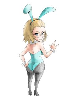 1girl animal_ears ass back black_footwear blonde_hair blue_eyes capcom curvy fake_animal_ears fishnet_pantyhose fishnets forehead from_behind full_body glasses gluteal_fold hand_on_own_hip high_heels highleg highleg_leotard highres leotard looking_at_viewer looking_back medium_skirt pantyhose playboy_bunny rabbit_ears round_eyewear shortstack silvia_(viewtiful_joe) simple_background skirt smile strapless strapless_leotard szero thick_thighs thighs viewtiful_joe white_background wrist_cuffs