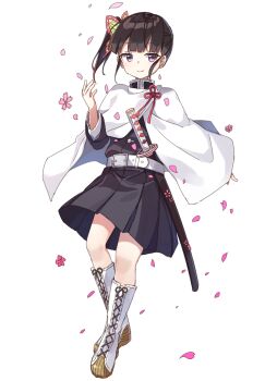 Rule 34 | 1girl, absurdres, belt, black hair, black skirt, boots, center-flap bangs, closed mouth, dress, flower, frilled dress, frills, highres, kimetsu no yaiba, long sleeves, looking at viewer, medium dress, medium skirt, multicolored eyes, one side up, pink flower, purple eyes, short hair, short side ponytail, short side up, skirt, smile, solo, sword, tsuyuri kanao, weapon, zoirun