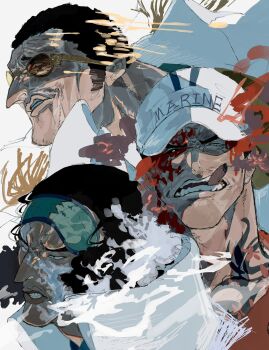 3boys aokiji_(one_piece) aquiline_nose baseball_cap black_hair cigar clenched_teeth coat collared_coat devil_fruit_power eye_mask hat highres ice kizaru_(one_piece) lava lips male_focus mask multiple_boys neck_tattoo nose one_piece orange-tinted_eyewear popped_collar sakazuki_(one_piece) short_hair sideburns smoking sunglasses tattoo teeth tinted_eyewear toy_(wuxo14yvib70533) white_background white_coat white_hat yellow-framed_eyewear