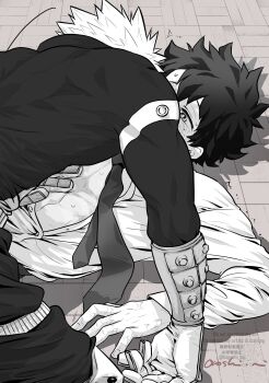 Rule 34 | 2boys, bakugou katsuki, blush, boku no hero academia, boy on top, collared shirt, commentary request, gloves, greyscale, highres, implied kiss, male focus, midoriya izuku, monochrome, multiple boys, on floor, oroshi mi, partially open shirt, partially unbuttoned, scar, scar on hand, shirt, short hair, signature, spiked hair, superhero costume, watermark, yaoi