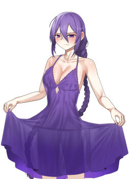 1girl absurdres bare_shoulders blue_notuki blush braid braided_ponytail breasts cleavage highres long_hair looking_at_viewer medium_breasts melty_blood purple_eyes purple_hair sion_eltnam_(type-moon) sion_eltnam_atlasia solo thighs tsukihime very_long_hair