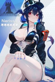 1girl absurdres arknights arm_support artistic_error bad_anatomy bikini bikini_under_clothes black_bikini black_jacket blue_hair blue_nails breasts center_opening ch&#039;en_(arknights) ch&#039;en_the_holungday_(arknights) ch&#039;en_the_holungday_(arknights)_(cosplay) ch&#039;en_the_holungday_(elite_ii)_(arknights) character_name cleavage closed_mouth commentary cosplay crossed_legs demon_horns dragon_tail eyewear_on_headwear fingernails gurei_(streaper42846) hair_between_eyes hat hexagon_print highres hololive hololive_english horns jacket large_breasts looking_at_viewer mole mole_under_eye nail_polish nerissa_ravencroft o-ring o-ring_top red_eyes rhodes_island_logo_(arknights) shorts sitting solo sunglasses swimsuit tail thighs virtual_youtuber white_hat white_shorts