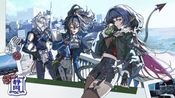1boy 2girls against_railing animal_ears black_gloves black_hair black_pants black_shorts blue_eyes blue_jacket breasts cat_boy cat_ears cityscape cup day disposable_cup endo_(takolegs) fur-trimmed_jacket fur_trim gloves green_eyes guest_art high-waist_shorts highres holding holding_cup jacket jane_doe_(zenless_zone_zero) large_breasts looking_at_viewer mouse_ears mouse_girl mouse_tail multicolored_hair multiple_girls outdoors pants police police_uniform policeman policewoman ponytail railing red_eyes red_hair seth_lowell sharp_tail shorts single_leg_pantyhose streaked_hair tail white_hair zenless_zone_zero zhu_yuan