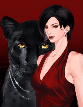 1girl ada_wong bare_shoulders black_hair black_panther breasts brown_eyes closed_mouth collarbone commentary_request dress earrings fish_tears highres jewelry medium_breasts panther red_background red_dress red_lips resident_evil short_hair silver_chain sleeveless sleeveless_dress upper_body yellow_eyes