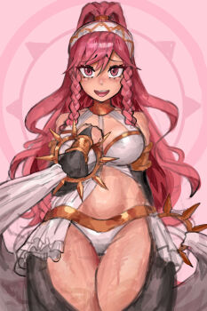 1girl bare_shoulders braid breasts bridal_gauntlets cleavage dancer fire_emblem fire_emblem_awakening hairband highres large_breasts long_hair looking_at_viewer medium_breasts midriff navel nintendo olivia_(fire_emblem) open_mouth panties pink_eyes pink_hair ponytail saiykik side_braid simple_background smile solo thick_thighs thighhighs thighs twin_braids underwear white_panties