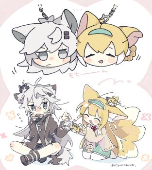 2girls animal_ear_fluff animal_ears arknights averting_eyes black_jacket black_shorts blonde_hair blush brown_cardigan cardigan character_charm character_doll charm_(object) closed_eyes commentary_request doll flying_sweatdrops fox_ears fox_girl fox_tail frilled_hairband frills green_hairband green_skirt grey_eyes grey_hair hair_ornament hairband hairclip highres indian_style jacket kitsune kyuubi lappland_(arknights) long_hair long_sleeves looking_to_the_side material_growth multiple_girls multiple_tails naguru_(cyoroama) neck_ribbon official_alternate_costume open_mouth oripathy_lesion_(arknights) red_ribbon ribbon scar scar_across_eye scar_on_face seiza shorts sitting skirt suzuran_(arknights) suzuran_(spring_praise)_(arknights) tail texas_(arknights) vulpisfoglia_(arknights) wolf_ears wolf_girl wolf_tail