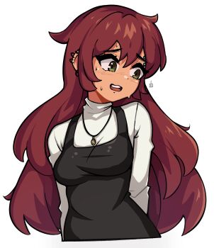 1girl arms_behind_back averting_eyes black_vest breasts brown_hair commentary commission cropped_torso double-parted_bangs ear_piercing english_commentary eyebrow_piercing face_piercing green_eyes highres jewelry long_hair medium_breasts necklace oninuer open_mouth original piercing raised_inner_eyebrows shirt simple_background solo sweat turtleneck turtleneck_shirt vest white_background white_shirt