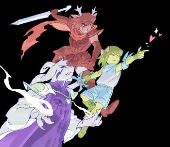 1boy 1girl 1other =_= animal_ears armband armor asriel_dreemurr asriel_dreemurr_(god_of_hyperdeath) black_background black_sclera blue_armband blue_shorts boots bow breastplate brown_boots brown_hair closed_eyes colored_sclera december_holiday deer_ears deltarune fingernails freckles frisk_(undertale) furry furry_female furry_male gloves goat_ears goat_horns grin group_picture hair_bow heart heart_pendant highres holding holding_sword holding_weapon horns outstretched_arm pauldrons pointing purple_robe red_gloves red_hair robe sharp_fingernails short_hair shorts shoulder_armor simple_background smile sparkle sword ttudolee undertale utdr_(toby_fox) weapon