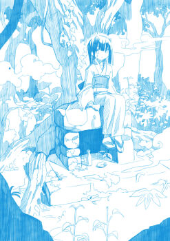 1girl blue_theme commentary_request expressionless forest horns japanese_clothes kimono looking_at_viewer medium_hair monochrome nature okuribi oni original outdoors sandals sitting sketch solo tabi zouri