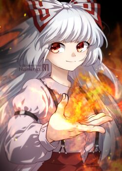 Rule 34 | 1girl, artist name, bow, commentary, commission, fingernails, fire, fujiwara no mokou, hair bow, highres, long hair, long sleeves, namino., shirt, shirt tucked in, sideways glance, smile, solo, straight hair, suspender pants, suspenders, touhou, two-tone bow, upper body, very long hair, white hair, white shirt