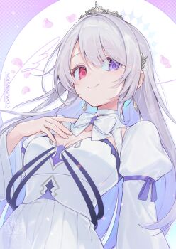 1girl borrowed_character bow bowtie breasts cawasemi_teu cleavage closed_mouth commentary_request commission grey_hair hand_up heterochromia highres long_hair long_sleeves looking_at_viewer medium_breasts original petals purple_eyes purple_ribbon red_eyes ribbon skeb_commission sleeve_ribbon smile solo tiara upper_body white_background white_bow white_bowtie wide_sleeves