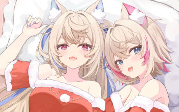 2girls alternate_costume animal_ear_fluff blonde_hair blue_eyes blue_nails blue_streaks breasts dress fang fur-trimmed_dress fur_trim fuwawa_abyssgard hololive hololive_english large_breasts long_hair looking_at_viewer medium_hair mococo_abyssgard multiple_girls nail_polish paru_(parunprunpa) pink_eyes pink_streaks red_dress santa_costume santa_dress siblings sisters skin_fang small_breasts twins two_side_up very_long_hair virtual_youtuber