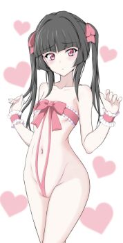 1girl black_hair blunt_bangs blush breasts closed_mouth collarbone commentary_request eyelashes frilled_wrist_cuffs frills groin hair_ribbon hands_up heart highres kirakiriya long_hair looking_at_viewer navel pink_eyes pink_ribbon pink_slingshot_swimsuit pink_wrist_cuffs pussy ribbon senki_zesshou_symphogear simple_background slingshot_swimsuit small_breasts solo stomach swimsuit thighs tsukuyomi_shirabe twintails uncensored white_background wrist_cuffs