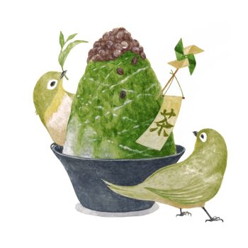 Rule 34 | absurdres, animal, bird, bowl, commentary request, food, green bird, green theme, highres, kanou (pixiv 37964562), leaf, no humans, original, painting (medium), pinwheel, shaved ice, simple background, traditional media, translation request, watercolor (medium), white background