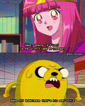 1990s_(style) 1boy 1girl adventure_time brenni_murasaki colored_skin dog dog_boy dress english_text highres jake_the_dog long_hair looking_at_viewer open_mouth pink_hair pink_skin princess_bonnibel_bubblegum retro_artstyle scene_reference spoilers tiara very_long_hair