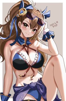 Rule 34 | 1girl, absurdres, arm up, armpits, bare shoulders, beatrix (granblue fantasy), beatrix (summer) (granblue fantasy), bikini, black bikini, blue-framed eyewear, blue sarong, blush, breasts, brown background, brown eyes, brown hair, closed mouth, commentary request, granblue fantasy, highres, large breasts, long hair, looking at viewer, navel, official alternate costume, open mouth, sarong, semi-rimless eyewear, simple background, smile, solo, sunglasses, swimsuit, thighs, unworn eyewear, wrist wrap, yanapy
