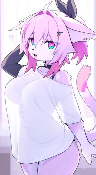 1girl ? absurdres ahoge android animal_ears black_bow black_choker body_fur bow breasts cat_ears cat_girl cat_tail choker dev_voxy ears_down eyes_visible_through_hair fang furry furry_female hair_between_eyes hair_bow hair_intakes highres large_breasts multicolored_eyes multicolored_hair open_mouth original pink_fur pink_hair ponytail see-through_silhouette shirt solo tail thighs two-tone_hair whiskers white_shirt