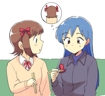 Rule 34 | 2girls, :t, amami haruka, black shirt, blue hair, bow, brown eyes, brown hair, chopsticks, closed mouth, collared shirt, commentary request, food, food art, green eyes, hair bow, holding, holding chopsticks, idolmaster, idolmaster (classic), imagining, kisaragi chihaya, long hair, looking at food, multiple girls, red bow, shirt, short hair, speech bubble, tako-san wiener, thought bubble, tsubobot, yellow shirt