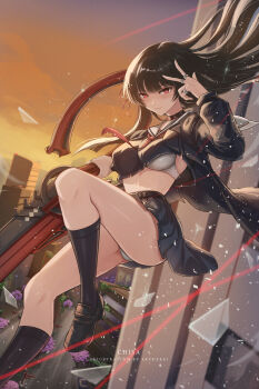 1girl artist_name black_choker black_hair black_jacket black_shirt black_shoes black_skirt black_socks bra character_name chisa_(wuthering_waves) choker closed_mouth commentary crop_top evening glass_shards hand_up highres holding holding_sword holding_weapon jacket long_hair looking_at_viewer outdoors red_eyes sailor_collar shirt shoes skirt skyde_kei smile socks solo sword underwear weapon white_bra white_sailor_collar wind wuthering_waves