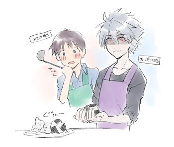 Rule 34 | 11kkr, 2boys, apron, black shirt, blue eyes, blue shirt, blush, brown hair, closed mouth, commentary request, food, green apron, grey hair, holding, holding food, holding ladle, ikari shinji, ladle, male focus, multiple boys, nagisa kaworu, neon genesis evangelion, purple apron, red eyes, shirt, sushi, translation request, upper body