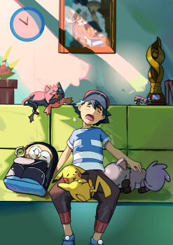 1boy absurdres ash_ketchum baby_animal bag baseball_cap beak beast_ball bird black_fur black_hair brown_fur capri_pants cat clock closed_eyes couch dog drooling gen_1_pokemon gen_7_pokemon hat highres holding holding_pokemon in_bag in_container litten male_focus muco nintendo on_couch on_lap open_mouth owl pants photo_(object) picture_frame pikachu plant poke_ball pokemon pokemon_(anime) pokemon_(creature) pokemon_journeys pokemon_on_lap potted_plant professor_burnet professor_kukui puppy red_fur red_hat rockruff rowlet shirt shoes short_hair sleeping sleeping_together striped_clothes striped_shirt sunlight t-shirt trophy two-tone_fur wall_clock white_fur yellow_fur