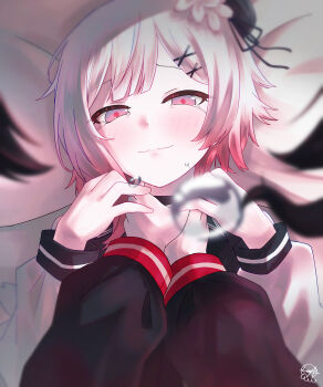 Rule 34 | 2girls, absurdres, black hat, black shirt, blush, chinese commentary, closed mouth, colored tips, commentary request, crying, crying with eyes open, female pov, hat, highres, homer strangling bart (meme), long sleeves, looking at viewer, mahou shoujo no majo saiban, meme, multicolored hair, multiple girls, mutsuki (mutsuki0110), nikaido hiro, pov, pov hair, red eyes, red hair, sakuraba ema, shirt, tears, white hair, white shirt, yuri