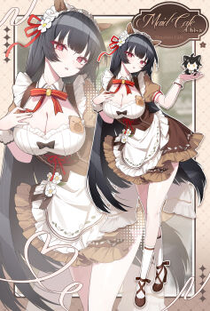 1girl absurdres animal_ears apple_caramel apron black_hair breasts brown_dress brown_shoes character_doll character_name chisa_(wuthering_waves) cleavage commentary doll dress fake_animal_ears hand_on_own_chest hand_up high_heels highres horse_ears large_breasts leaning_forward long_hair looking_at_viewer maid_headdress male_rover_(wuthering_waves) mole mole_under_eye official_alternate_costume parted_lips red_eyes rover_(wuthering_waves) shoes socks thighs very_long_hair white_socks wuthering_waves zoom_layer