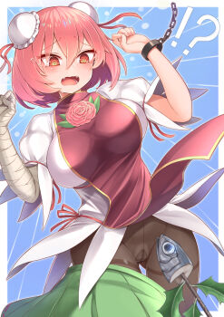 1girl ? @_@ absurdres bandaged_arm bandages black_pantyhose blue_background blush breasts bun_cover cameltoe carnation commentary_request cuffs double_bun fangs fish_head flower gluteal_fold green_skirt hair_bun harunoha highres hiiragi_iwashi ibaraki_kasen large_breasts open_mouth pantyhose pink_flower pink_hair red_eyes shackles short_hair skirt skirt_around_one_leg solo tabard teeth touhou