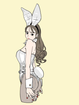 1girl absurdres animal_ears ass black_eyes brown_hair commentary_request fake_animal_ears fishnet_pantyhose fishnets highres leotard lipstick long_hair looking_at_viewer makeup original pantyhose playboy_bunny rabbit_tail red_nails sakamoto_giulietta simple_background solo standing tail thighs white_leotard wrist_cuffs