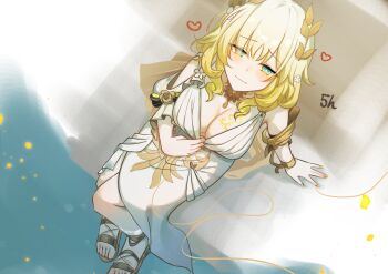 1girl absurdres aglaea_(honkai:_star_rail) blonde_hair blush breasts cleavage closed_mouth commentary_request dress fingernails greco-roman_clothes green_eyes hair_between_eyes highres honkai:_star_rail honkai_(series) large_breasts looking_at_viewer looking_up memeiradesuyo nail_polish roman_clothes sandals short_hair short_sleeves sitting sleeveless sleeveless_dress smile solo white_dress yellow_nails