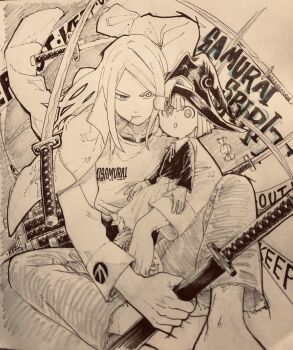 1boy 1girl angela_leon candy coat coat_on_shoulders food hat highres holding holding_sword holding_weapon katana long_hair mifune_(soul_eater) mouth_hold multiple_swords otojirou sitting skirt soul_eater stalk_in_mouth sword traditional_media weapon witch_hat