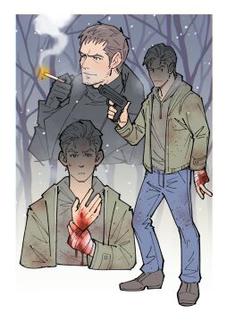 Rule 34 | 2boys, arm up, arms up, bandaged hand, bandages, beard, black coat, black footwear, black gloves, black shirt, blonde hair, blood, blood on hands, bloody bandages, blue pants, border, chris redfield, cigarette, closed mouth, coat, commentary, denim, drawstring, english commentary, ethan winters, facial hair, gloves, grey hoodie, gun, highres, holding, holding gun, holding weapon, hood, hood down, hoodie, injury, jacket, jeans, kalamari, lapels, layered clothes, long sleeves, male focus, missing finger, multiple boys, pants, resident evil, resident evil village, shaded face, shirt, short hair, smoke, smoke trail, smoking, snow, snowing, sweat, sweatdrop, turtleneck, weapon, white border, yellow jacket