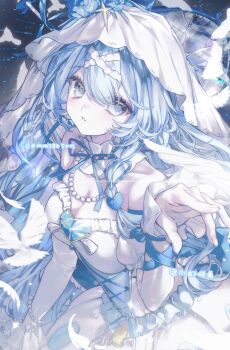 1girl absurdres bare_shoulders bead_necklace beads blue_eyes blue_hair blue_ribbon breasts cleavage commission detached_sleeves dress hair_between_eyes hand_up highres jewelry large_breasts long_hair long_sleeves looking_at_viewer neck_ribbon necklace original parted_lips ribbon solo strapless strapless_dress upper_body veil white_dress white_sleeves white_veil xiao_xia_pin_pan