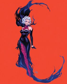 1girl black_dress black_gloves black_sleeves clea_strange commentary detached_sleeves doctor_strange_(series) dress english_commentary full_body gloves highres initial looking_at_viewer marvel official_art orange_background purple_bodystocking purple_lips russell_dauterman short_hair solo western_comics_(style) white_hair