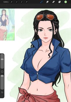 Rule 34 | 1girl, black eyes, black hair, blue jacket, breasts, chococurrent, cleavage, closed mouth, commentary, cowboy shot, cropped jacket, eyelashes, eyewear on head, hair slicked back, high collar, highres, jacket, long hair, midriff, navel, nico robin, one piece, orange-tinted eyewear, pink sarong, sarong, short sleeves, sidelocks, solo, tinted eyewear, zipper
